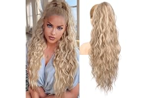 Brikabia Ponytail Extension, 66cm Lange Zopf Pferdeschwanz Haarverlängerung Beach Gewellt Natürliches Clip in Pferdeschwanz Haarteil Kunsthaar für Damen, Mittelblond mit Highlights