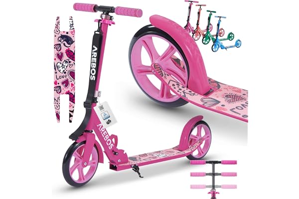 Arebos Trottinette de Ville | Hauteur réglable | Pliable avec Sangle | Roues XXL | Frein à pédale | pour Enfants et Adultes | Charge Max. 100 kg