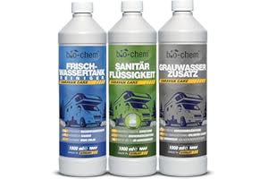‎BIO-CHEM bio-chem Camping Hygiene-Zusätze Set 3-teilig: Bio Sanitärflüssigkeit 1l + Frischwassertank-Reiniger 1l + Grauwassertank-Zusatz 1l - Effektive Geruchsbekämpfung & frische Sauberkeit