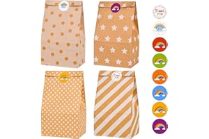 Aurinovellia 20 Piezas Bolsas de Papel Kraft, Bolsas Chuches Cumpleaños con 36 Pegatinas, Bolsa Dulce de Regalo, para Envolver Regalos, Regalos, Celebración, Boda, Fiesta