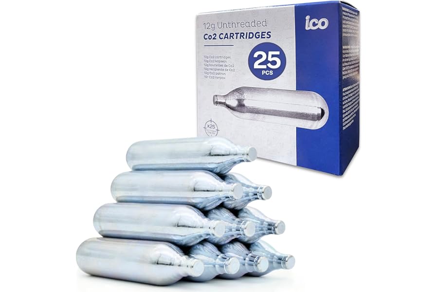 ICO 25 pack 12 gram CO2 Cartridge Non-Threaded, CO2 Cartridge or Airsoft Gas for BB Gun, CO2 BB Pistol, Airsoft Gun, Air Rifle, and Paintball Gun