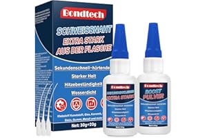 BONDTECH Schweißnaht aus der Flasche, 2k Sekundenkleber Extra Stark, Schweissnaht Kleber Hitzebeständig, Anti-Trocknungsspitze, für Kunststoffkleber, Plastik, Keramik, Holz, Stein, Glas (30 g mit Booster 20g)