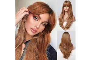 Honygebia Peluca Pelirroja con Flequillo - Pelucas Auburn para Mujeres, Cabello Largo Recto de Tono Cobre con Capas Raíces Oscuras, Pelucas Sintéticas Naturales Resistentes al Calor para Halloween