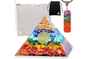 ESOAS Pyramide Orgonite 7 Chakra Fleur de Vie (7x7x5cm) avec Pendentif, Orgone en Pierres Naturelles Véritables et Résine, Générateur Accumulateurs d’Energie, Protection Yoga et Méditation Cadeau