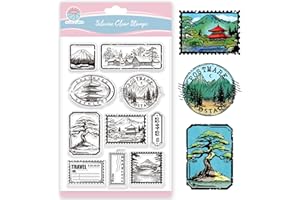 GLOBLELAND Sellos Transparentes de Paisaje para la Fabricación de Tarjetas, Sello de Silicona con Fondo Monte Fuji, Sellos Transparentes de Pinos para Manualidades, Scrapbooking, Álbum de Fotos