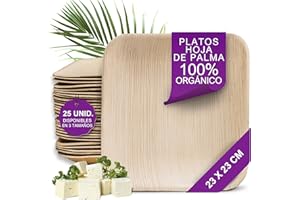 Waipur 25 Platos Desechables de Hoja de Palma Ecológicos - Cuadrado 23x23 cm - Vajilla Orgánica Elegante - Estable, Reciclable, Natural y Biodegradable - Menaje Descartable