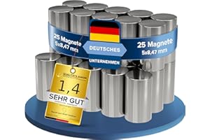 MAGNETE.COM 25 x magnesy neodymowe | średnica Ø 5 mm, długość 8,47 mm | niklowane (NiCuNi) | ok. ~ 0,8 kg pociągnięcie | opakowanie 25 cylindrycznych magnesów – pręt | N48