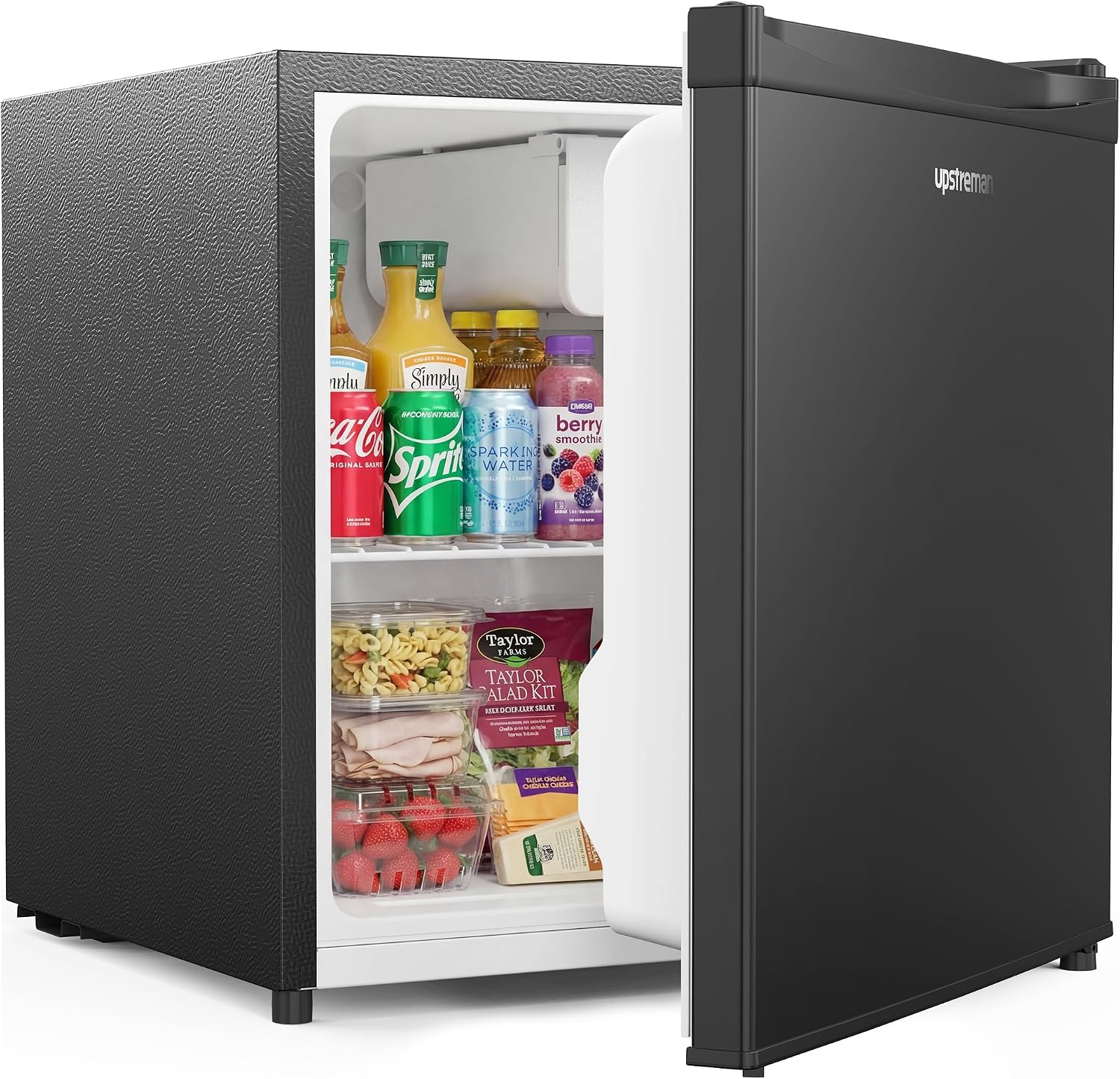 Upstreman Mini Fridge 46L, Table Top Fridge, Adjustable Thermostat, Energy Saving, Low Noise, Single Door Compact Refrigerator for Dorm, Compact Wine&Beers Cooling, Black