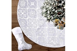 POJAH Manta de árbol de Navidad de 122 cm, Manta de árbol de Navidad con Medias de Navidad, Falda de árbol de Navidad con patrón de Copo de Nieve Manta de Navidad para Navidad, Vacaciones, Fiesta (Blanco)
