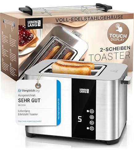 GOURMETmaxx Broodrooster korte sleuf voor 2 sneden, roestvrij stalen broodrooster met 6 bruiningsgraden en Ready 2 eat countdown, elektrisch keukenapparaat met touchdisplay, opzetstuk voor broodjes en