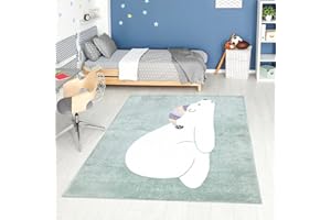 ‎CARPET CITY carpet city Teppich Kinderzimmer Tier-Motiv - Mint-Grün - 120x160 cm - Kinderteppich Kurzflor Bär mit Schlafmütze - Weicher Flor