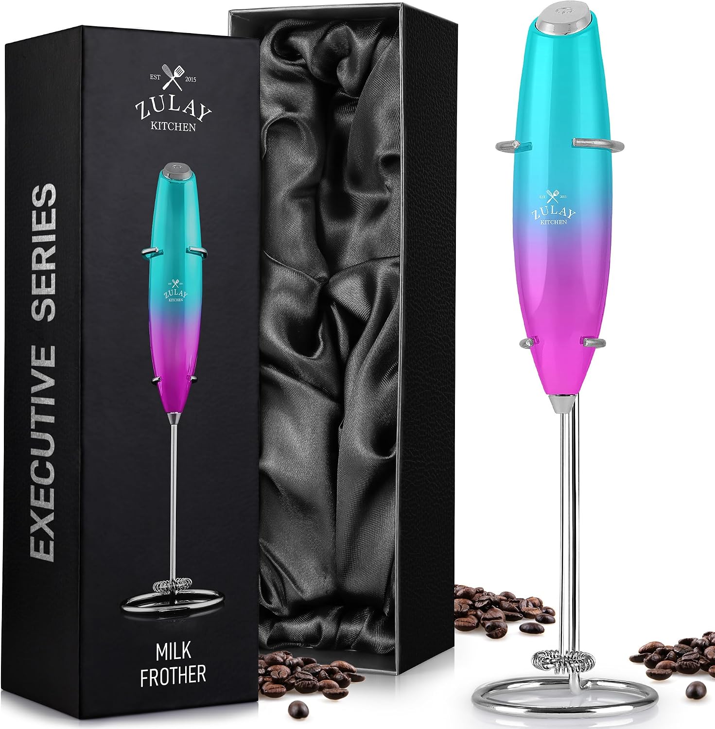 Zulay Executive Series - Espumador de leche de regalo para café con acabado lujoso y radiante, espumador de café de mano, espumador de leche eléctrico de mano para lattes (verde azulado y rosa