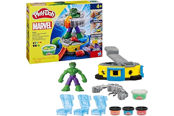 Play-Doh Marvel, Coffret Hulk Écrase Tout, Figurine Flexible et 4 Pots de Pâte à Modeler, Jouets Créatifs pour Enfants, Jeux de Rôle Super-Héros
