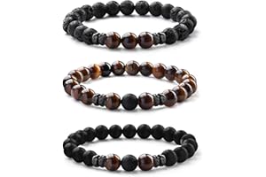 Milacolato Bracciale Elastico Uomo Pietre Naturali di Perline per Gli Uomini 8MM Tigers Eye Men Matte Lava Rock Braccialetto Regolabile Stretch Men Bead Bracciali Festa del papà Gioielli Regali