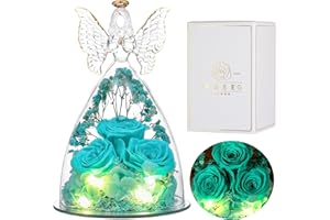 Eaprala Tres Flores de Rosa Preservadas Regalo en Figuras de Cristal Angel, Regalos de Cumpleaños para Mujeres,Regalos de Angel para Ella en Aniversario,Navidad,San Valentin.Azul Aqua