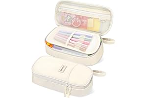 SUNEE Federmäppchen mit großer Kapazität, Ästhetische Mäppchen mit Fächern und Griff, Tragbare Federtasche und Federmappe für Schule, Büro, Mädchen, Jungen, Teenager & Erwachsene, Beige