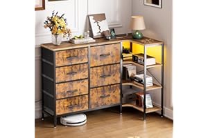 Coleshome Corner Chest of Drawers Bedroom, Storage Dresser with 7 Fabric Drawers - 2 USB and 2 AC Outlets and LED, With 3-Tier Storage Table, Suitable for Bedroom Corners, Vintage Colors