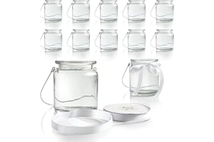 WeddingTree 12 x Windlicht Glas mit Bügel und Dekoband weiß - Teelichtgläser - Einfach Abnehmbarer Metallbügel - Deko für Hochzeit (Standard)