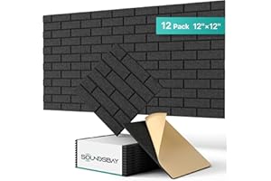 Acoustic Panels Soundsbay, Sound Proofing Panels Self-adhesive, 12 Pack Acoustic Wall Panels Brick, High Density Soundproofing Panels for Wall, Recording Studios, Home, Office 30x30x0.9cm Black