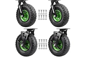 4 Stück 360° Lenkrollen mit Bremse Set Ø 250 x 90 mm Rad, Ruhig Luftrad auf Stahlfelge Schwartz mit Stoßdämpfung, Bollerwagen & Transportwagen Kit (2 Lenkrolle 2 Lenkrollen mit Bremse)