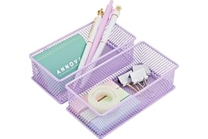 Annova Organizador de malla para cajones y estantes, cesta de almacenamiento, bandeja de almacenamiento para suministros de oficina escolar, juego de 2 (morado claro, 15x7.5x5cm)