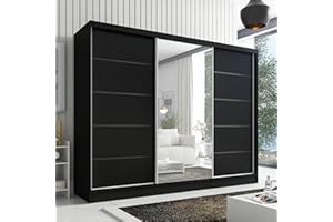 ‎A&J MÖBELLAND A&J MöbelLand Kleiderschrank Aurelia 2 – Schwebetürenschrank 200 cm breit mit Spiegel, 3-türig, Kleiderschrank mit Schubladen, Schiebetürenschrank für Schlafzimmer oder Garderobe