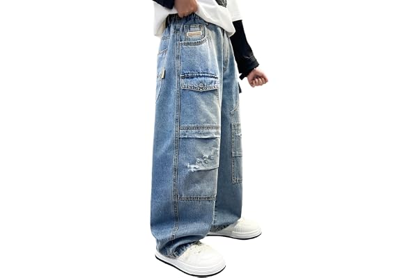 SEAUR Baggy jeans barn 5-13 år pojkar last elastisk midja lös passform denim byxor med fickor casual streetwear
