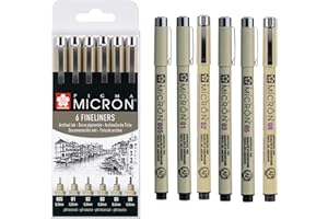 SAKURA Pigma Micron Stylos Pointe Callibrée Set de 6, Encre permanente noire résistante à l’eau, Variété de tailles | Stylos pour écriture, dessin & journaling