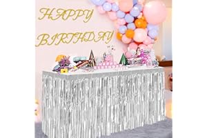 COFLINK Metallic Foil Fringe Table Skirt - 108 x 29 Inch,2 Pack Tinsel Garland for Rectangle Tables, Perfect for Birthday, Wedding, New Year, Mardi Gras, Parade Floats, and More (Silver)