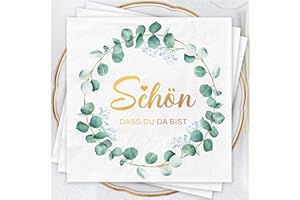 AFYHH 60Stück Servietten Hochzeit Geburtstag Eukalyptus Grün Konfirmation Kommunion Happy Birthday Napkins Tischdekoration Taufe Decor Servietten Schön Dass Du Da Bist Weiß Papierservietten
