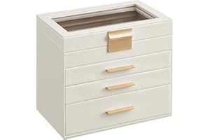 SONGMICS Jewellery Box with Glass Lid, 4-Layer Jewellery Storage Organiser with 3 Drawers, Plenty of Storage, Modern, Gift Idea, 15.3 x 25.1 x 21.5 cm, Cloud White and Gold Colour JBC161W01