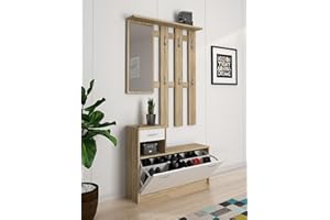 Dmora Mobile da Ingresso con Specchio e scarpiera, Entratina con cassetto, Legno, 100 x 25 x 180 cm, Bianco e Rovere