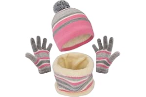 Maylisacc Ensemble de Bonnet Echarpe Gants Hiver pour Enfants de 3 à 6 Ans avec Doublure Polaire Double Épaisseur, Bonnets Tricotés avec Pompon et Snood Gant pour Garçons Filles