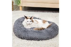 Albert Austin Donut Cat Bed Anti Anxiety Cosy Fluffy Calming Pet Bed with Machine Washable Dog Bed Cover Soft Long Plush Faux Fur Stress Relief Improves Sleep Round Small Dog Bed Cat Bed