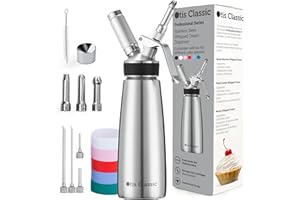Otis Classic Whipped Cream Dispenser - Stainless Steel Whipper w/Chargers for Desserts - Professional Culinary 500ml Canisters w/ 3 Whip Decorating Nozzles