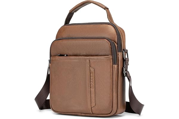 SPAHER Sacoche en Cuir Véritable Homme Bandouliere Grand pour Voyage Business - Sac Porté Epaule avec Pochette pour Ipad 11 Pouces - Marron