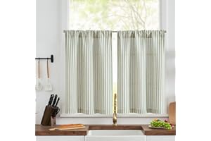TOPICK Green Striped Linen Look Kitchen Curtains 30 Inch Drop, Rod Pocket Small Window Drapes for Living Room, Bathroom, Cupboard, Bedroom, Light Filtering Pinstripe Cafe Curtain 2 Panels, W26 x L30