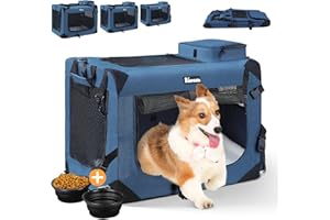 Reerooh Hundebox M 60x42x42cm, Faltbar Hundetransportbox Inkl.Hundenapf, Tragbare Hundetasche für Reisen, Hunde und Katzen Auto Haustiertransportbox(M, Dunkelblau)