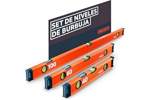 Presch Juego de Niveles de Burbuja 3 pzs. - 40cm, 60cm y 100cm - Ampolla irrompible con pendiente 2% - Ventana de lectura vertical - Tapones antideslizantes innovadores