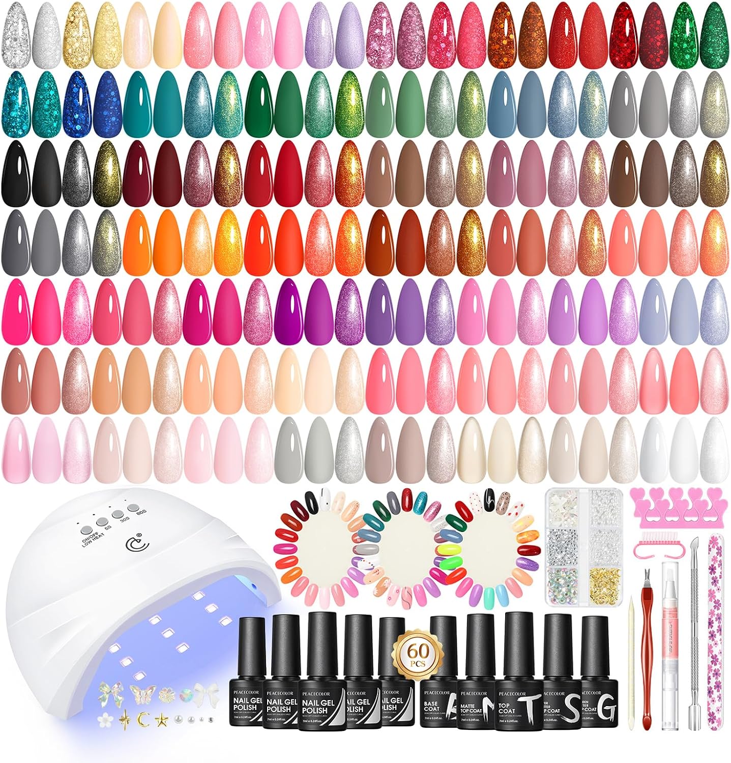 PEACECOLOR 73Pcs Kit Uñas Semipermanentes y Lámpara, 55 Colores Esmaltes de Uñas en Gel Semipermanentes con Base Top Mate Top Coat Kit Manicura Semipermanente para Principiante