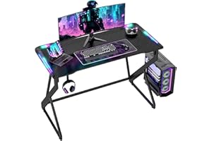 BEXEVUE Gaming Desk with LED Armor, 100x50 cm RGB Computer Desk with Carbon Fiber and Z Frame Design Gaming PC Desk with Head Phone Hook for E-sport Gamer Table, Easy Assemble Home Office desk, Black