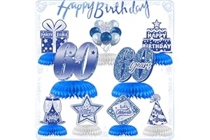 KEPMOV Blue Silver 60th Birthday Decorations, 10 Pieces Birthday Table Centerpieces with Happy Birthday Banner, Birthday Honeycomb Table Topper 60th Birthday Gifts for Men Woman Birthday Party Supplies