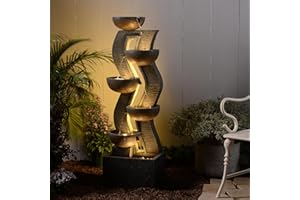 SUNLINUA 52.8" Tall Outdoor Water Feature and Waterfall with LED Lights, Cascading Bowl Garden Fountain Waterfall Feature for Patio, Garden Porch Decor – Large Freestanding Resin Water Fountain for Backyard