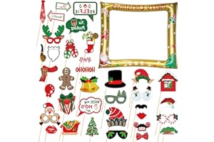 YAYAFUNFUN Christmas Photo Booth Props Inflatable,Large Gold Christmas Photo Booth Frame with 32Pcs Christmas Photo Props,Christmas Party Photo Booth Props Frame for Kids Adults Christmas Party Games Accessories