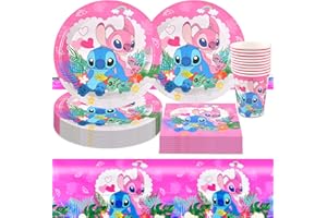 LEMOTOY Lilo Sti Stoviglie per Feste Compleanno, Compleanno Stitch Rosa, Decorazioni per la Tavola di Compleanno per Bambini,Stitch Set di Stoviglie per Feste,Piatto Tazza Tovagliolo Tovaglia Compleanno