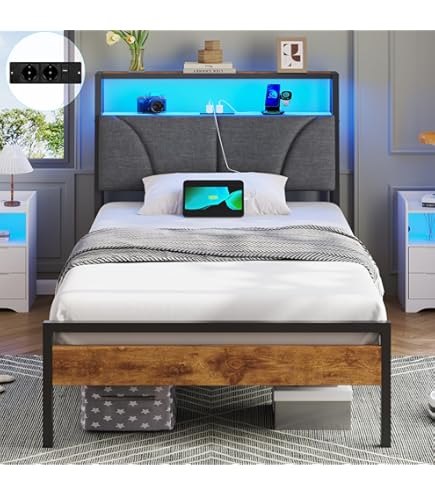 MAHANCRIS Metal Bed Frame 90 x 200 cm with Charging Station and LED Strip, Floating Double Bed for Bedroom and Guestroom, Black ABFBK536UE01