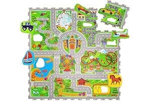 Hakuna Matte Puzzle dla dzieci na urlop 1,2 x 1,2 m – 16 mat puzzli z ulicami i 11 samochodami – 20% grubsza mata do zabawy w przyjaznym dla środowiska opakowaniu – nie zawiera substancji szkodliwych, bezzapachowa mata do raczkowania