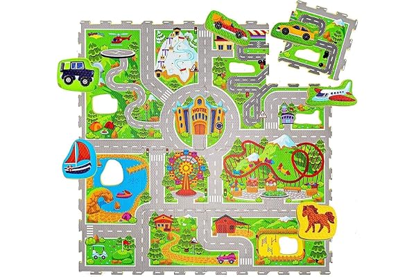 Hakuna Matte Tapis Puzzle pour enfants de la ville 1,2 x 1,2 m – 16 carreaux en mousse à encastrer, tapis pour enfants 20 % plus épais et doux – Inodore, sans formes, certifié EN-71 (vacances)