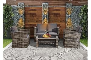 COSMO BUY 4PCs Rattan Garden Furniture Sofa Set 4 Piece Mix Grey Patio Weaving Wicker includes 1x Double Seat Sofa, 2x Armchairs, Seating & Back Rest Cushions and Tope Glass Table Outdoor Indoor Conservatory