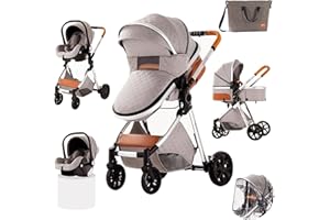 Prokoke Poussette 3 en 1, Poussette avec Réversible Deux Façons de Pousser, Pousette 3 en 1 avec Alliage d'aluminium à Cadre, Poussette Canne avec Conception Pliable en Un Clic (225 Light Grey)